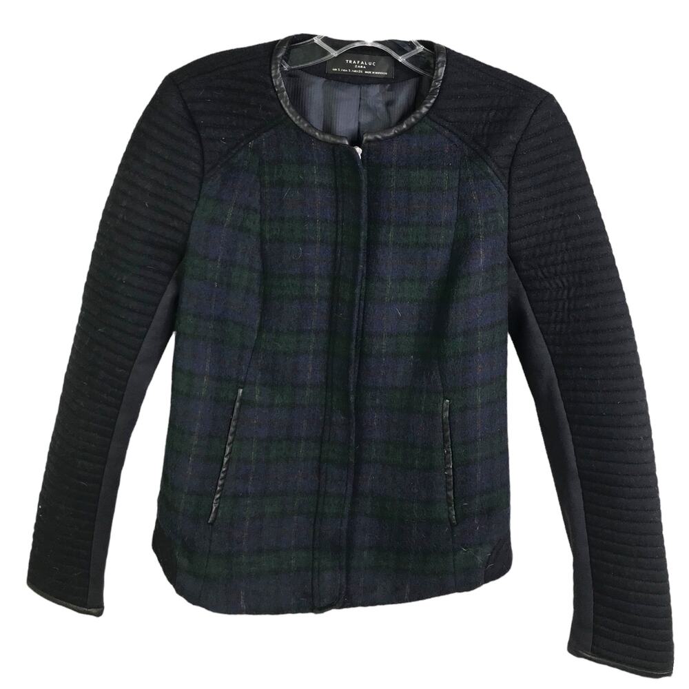 Trafaluc by Zara Jacket Womens S Green Navy Plaid Full-Zip Long Sleeve Crew Neck